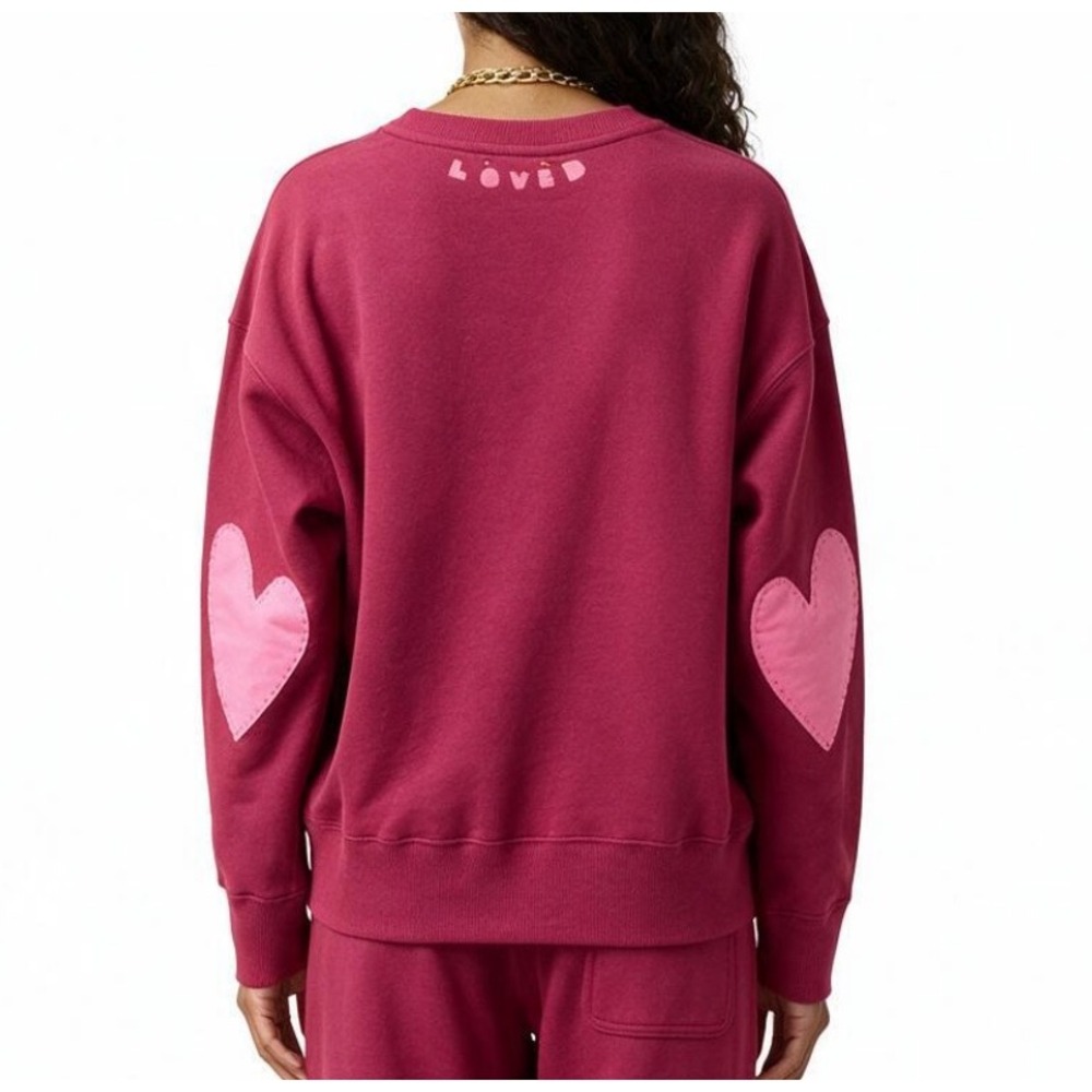 KERRI ROSENTHAL Boyfriend Sweatshirt Imperfect Hearts MAROON Pink Heart Elbows S